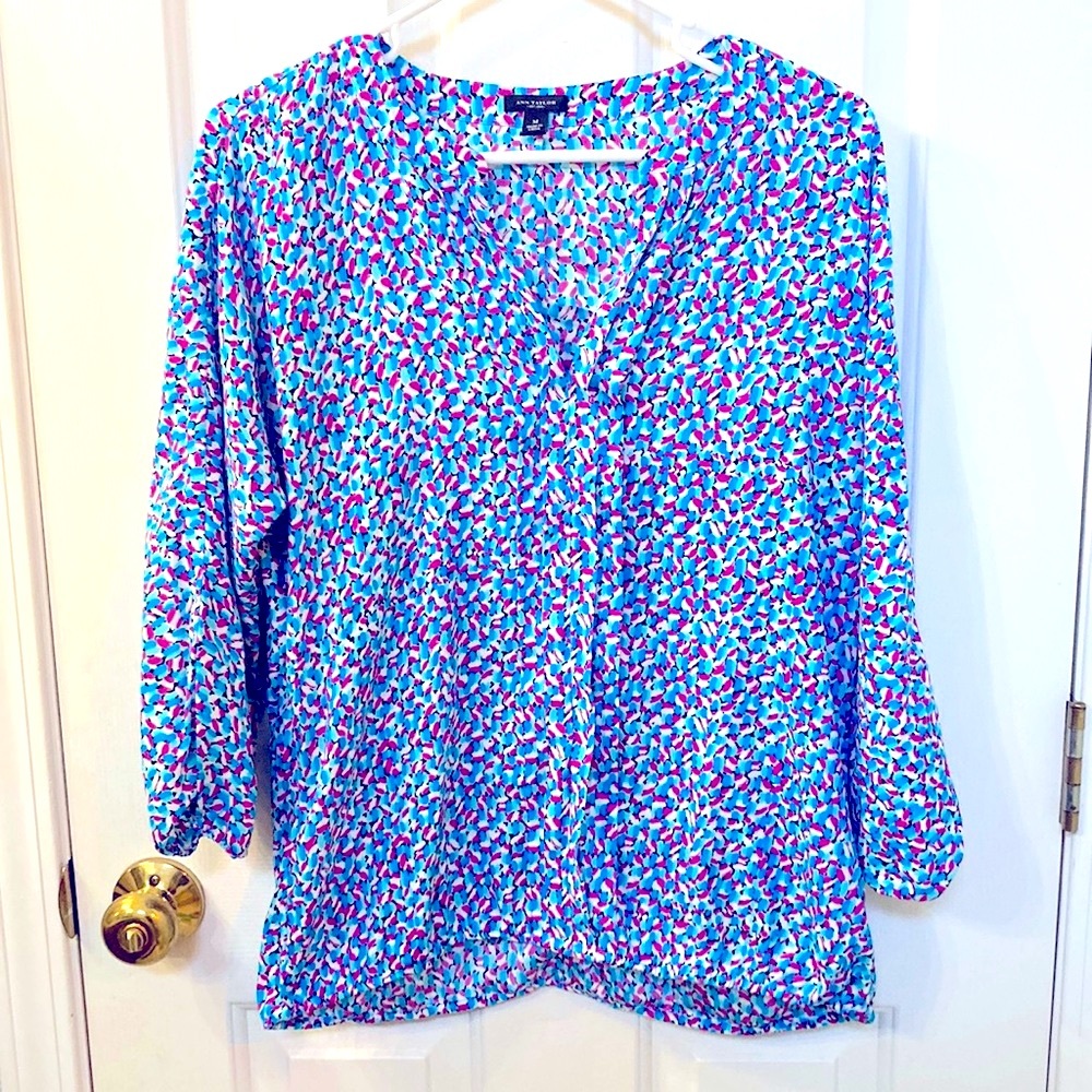 Ann Taylor Pink Blue Colorful Blouse 3/4 Sleeve Size Medium